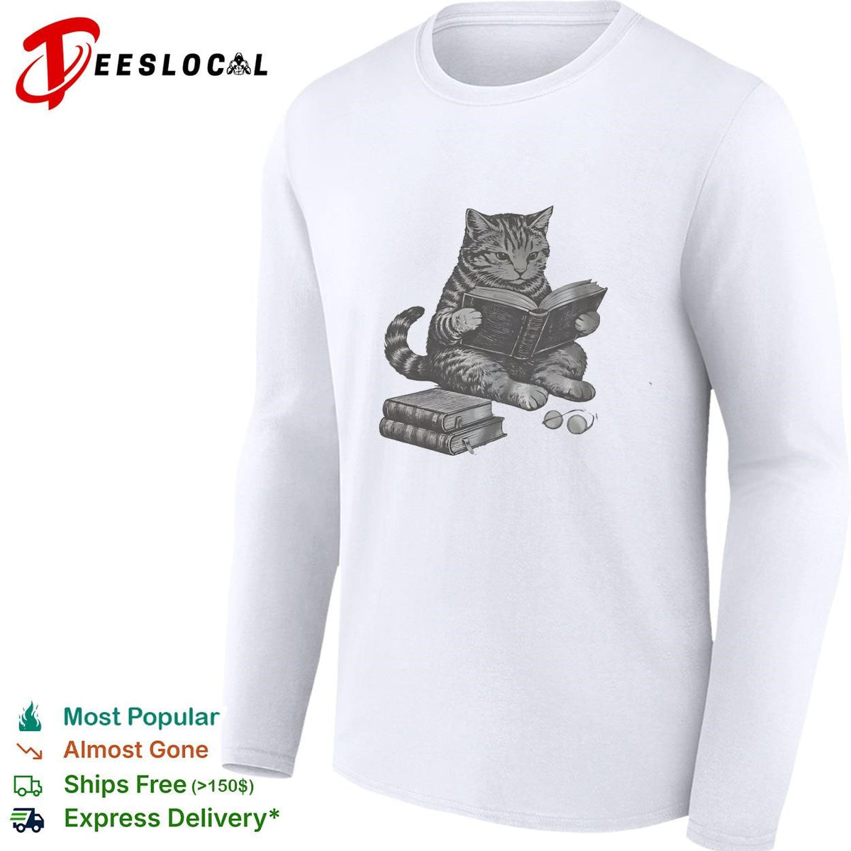 Cat reading books wearing glasses pencil sketch illustration funny graphic shirt