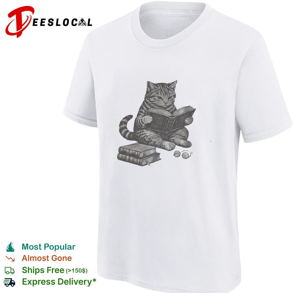 Cat reading books wearing glasses pencil sketch illustration funny graphic shirt