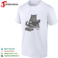 Cat reading books wearing glasses pencil sketch illustration funny graphic shirt