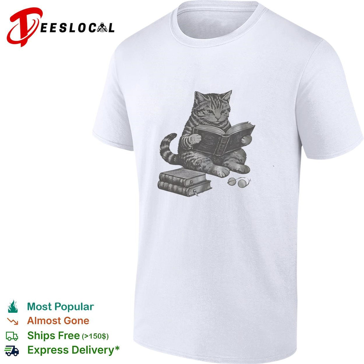 Cat reading books wearing glasses pencil sketch illustration funny graphic shirt