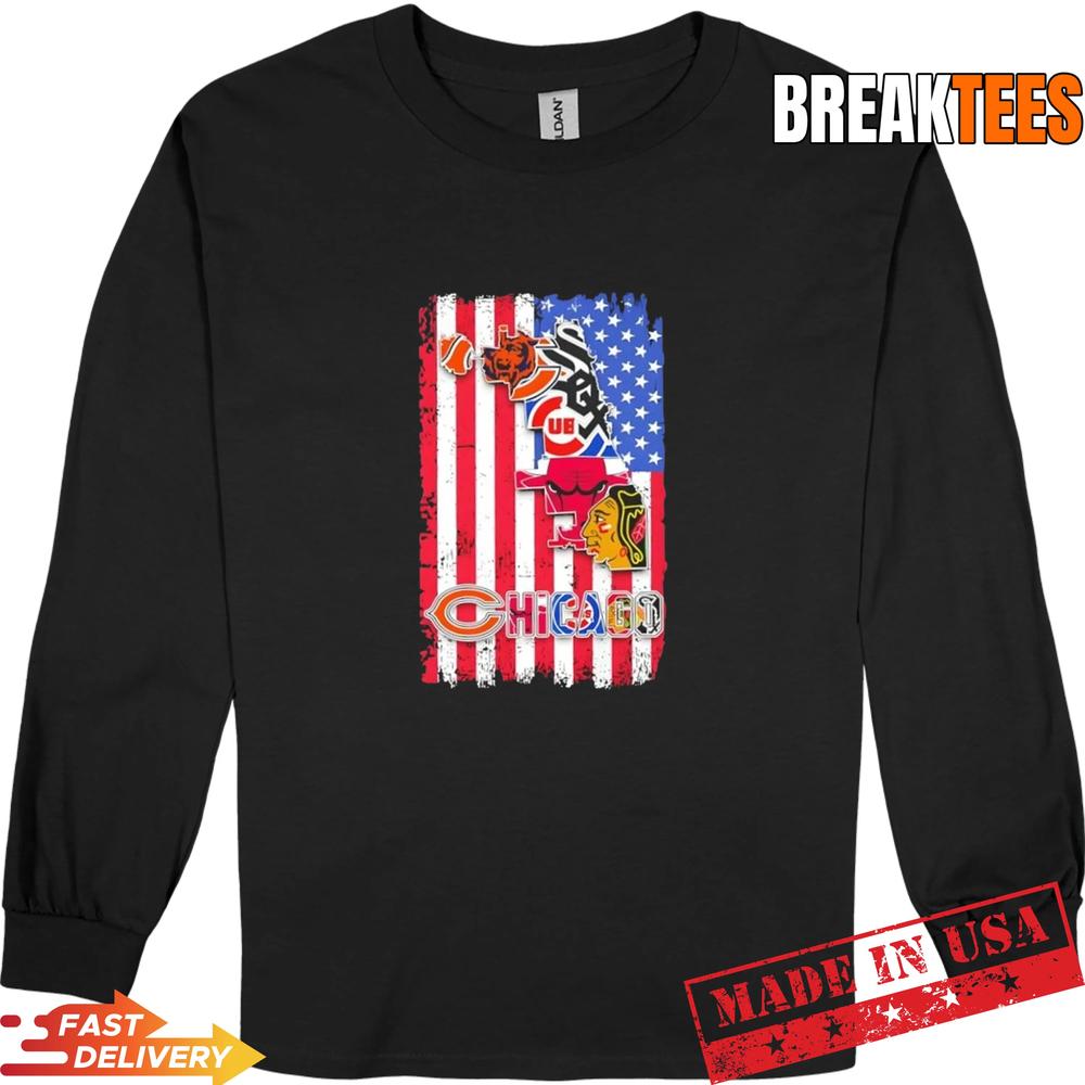Chicago City Sports Bears White Sox Cubs Bulls US Flag T-Shirt