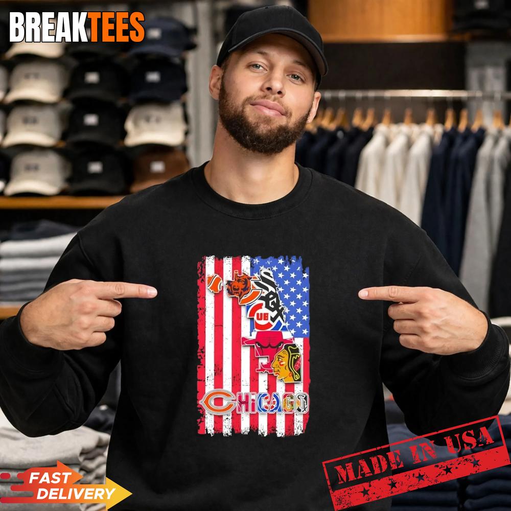 Chicago City Sports Bears White Sox Cubs Bulls US Flag T-Shirt