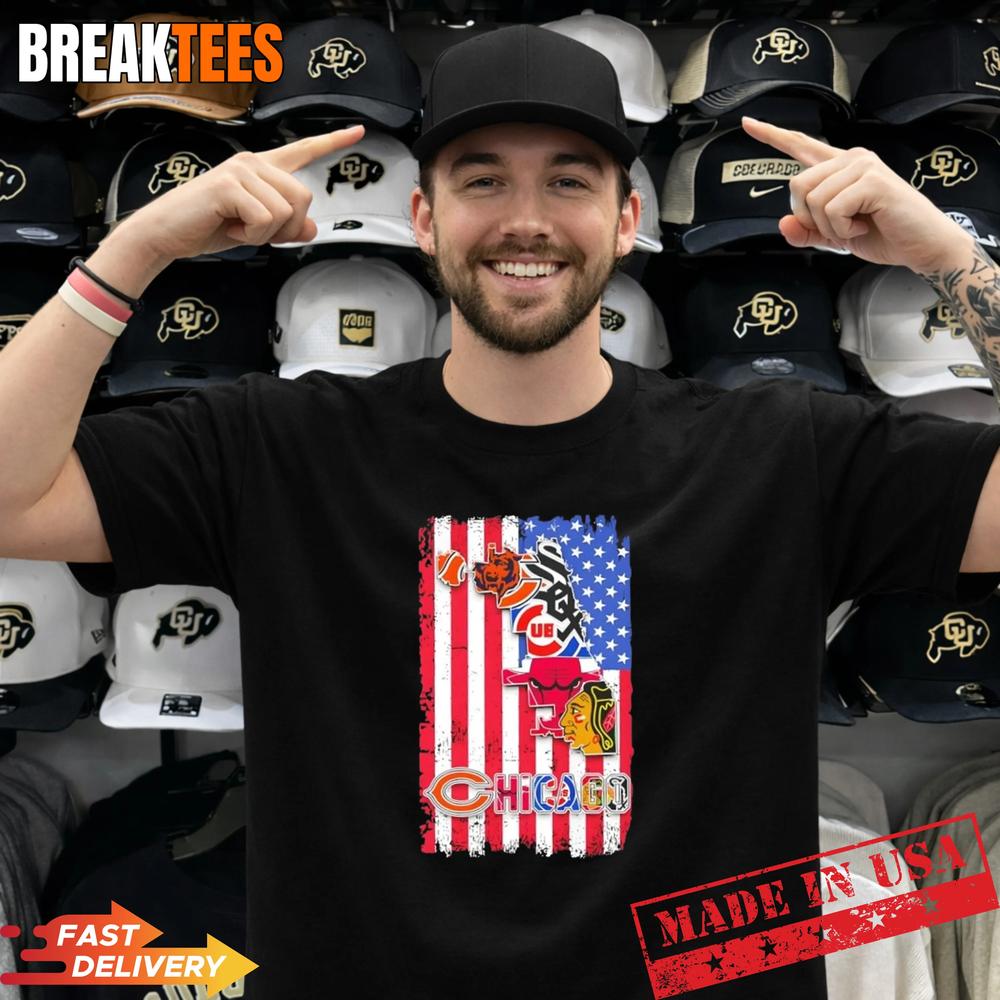 Chicago City Sports Bears White Sox Cubs Bulls US Flag T-Shirt