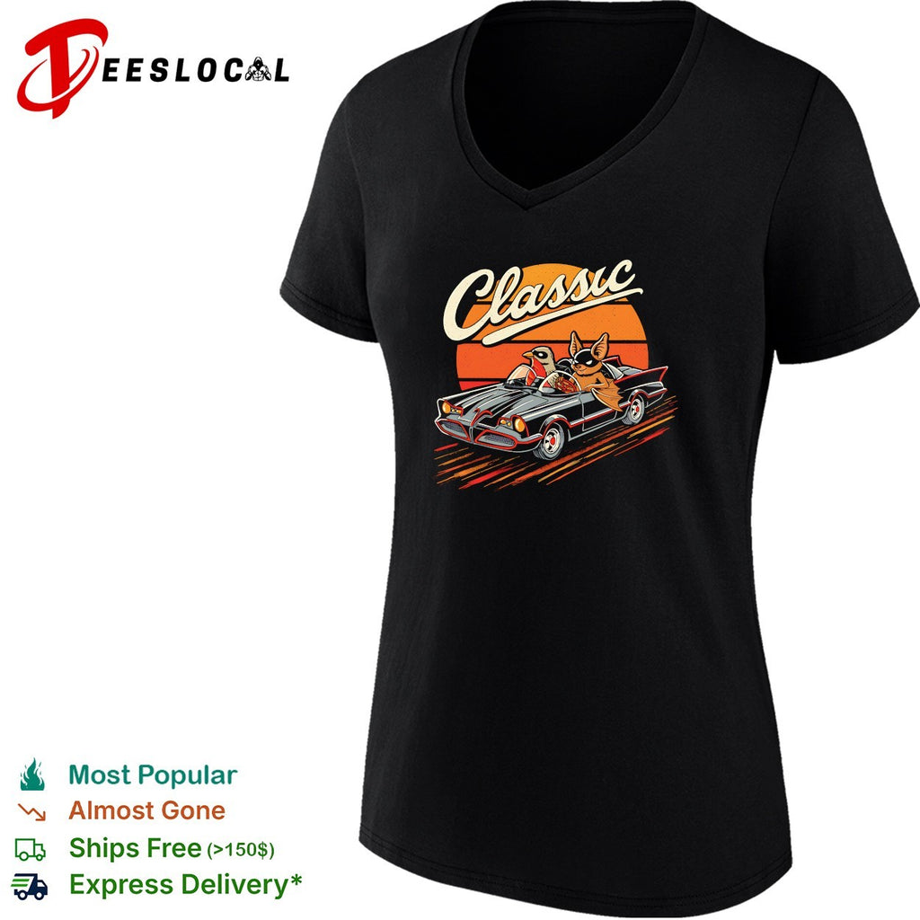 Classic Car Duo A bat and a robin in their hero mobile vintage shirt