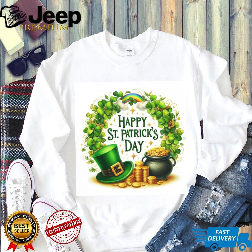 Classic St. Patrick’s Day Wreath with Pot of Gold and Rainbow T Shirt