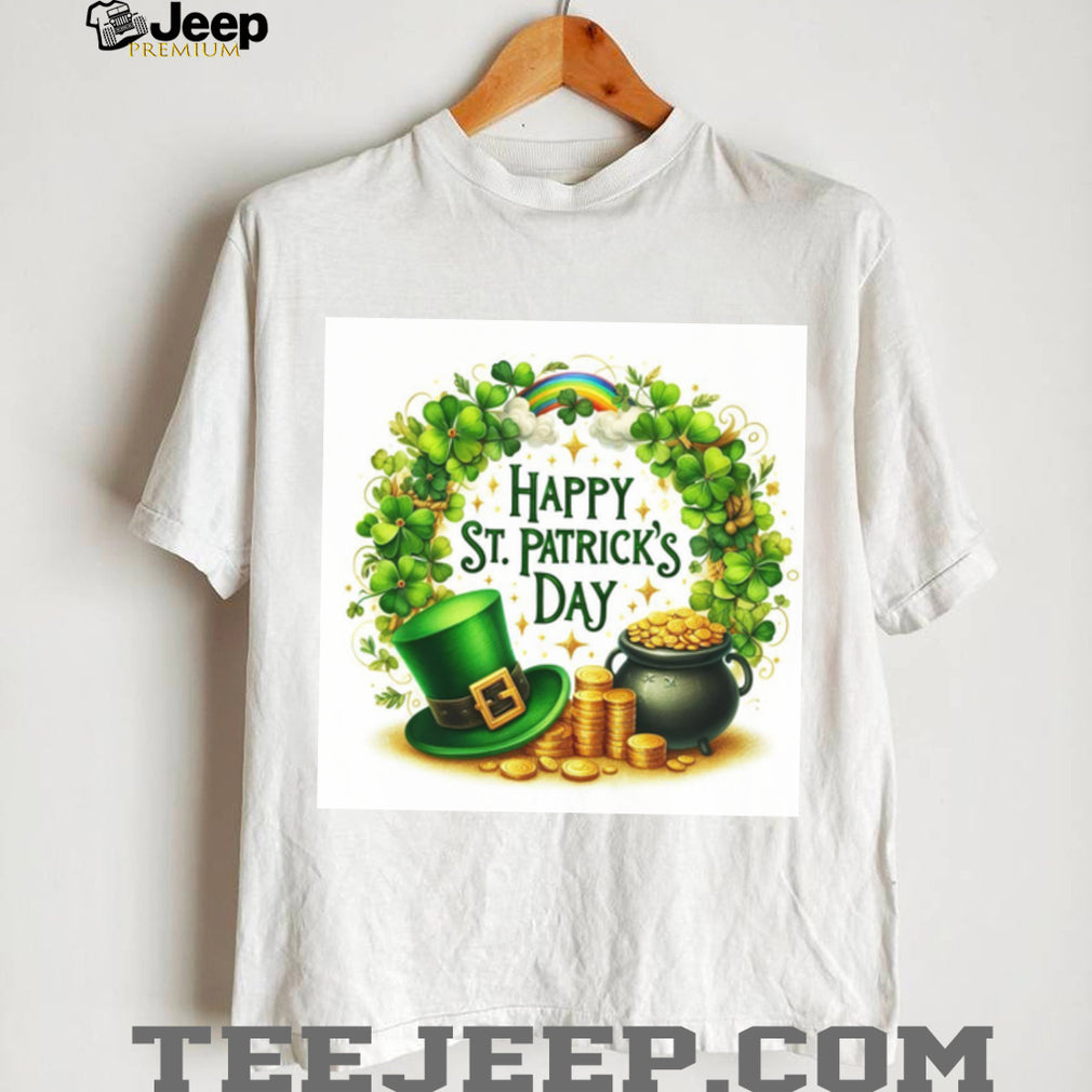 Classic St. Patrick’s Day Wreath with Pot of Gold and Rainbow T Shirt