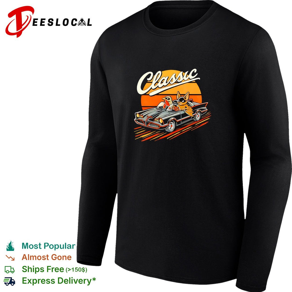Classic cat and bird riding vintage convertible retro sunset art shirt
