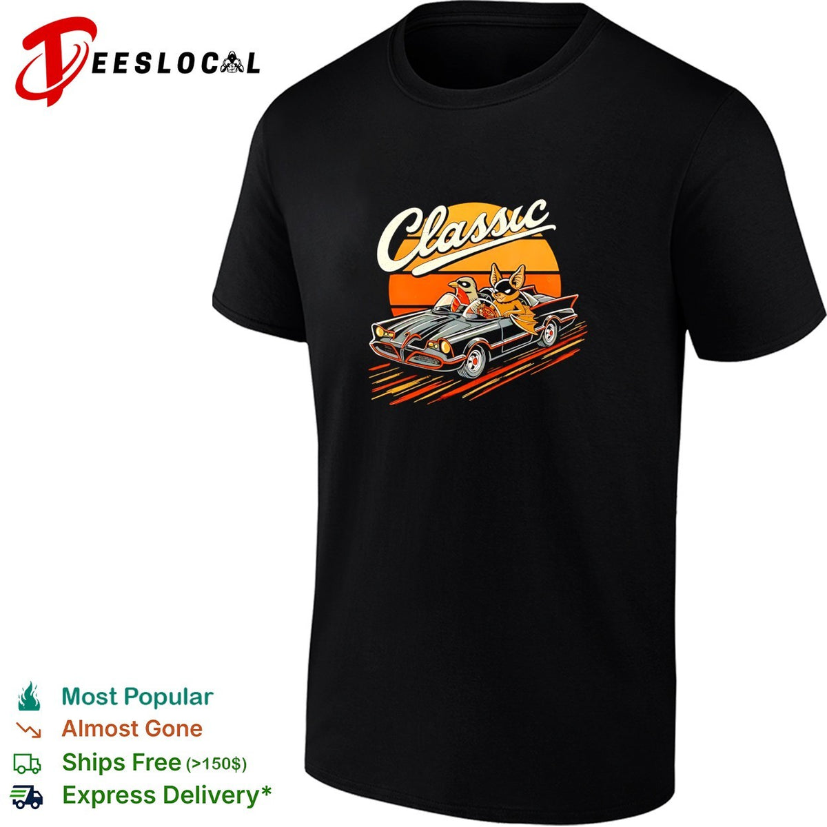 Classic cat and bird riding vintage convertible retro sunset art shirt