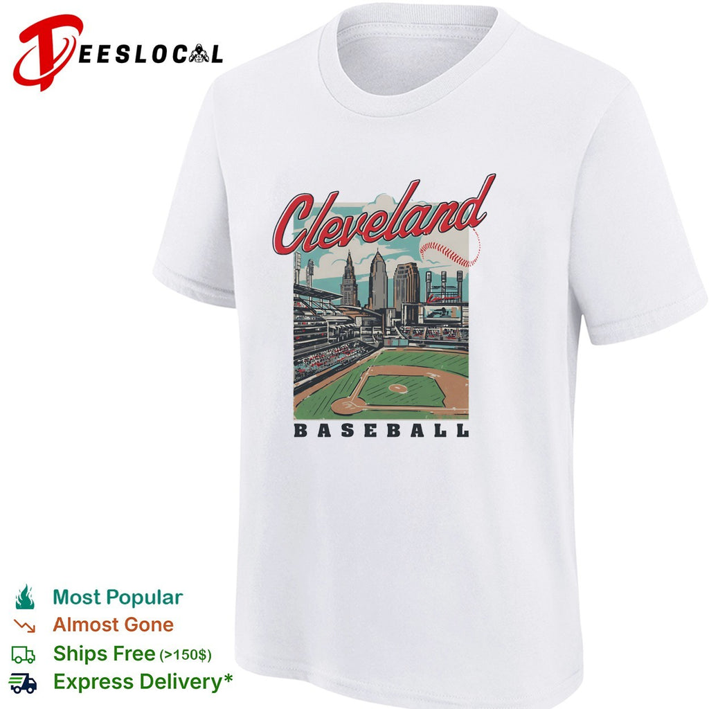 Cleveland baseball stadium skyline retro travel poster art shirt