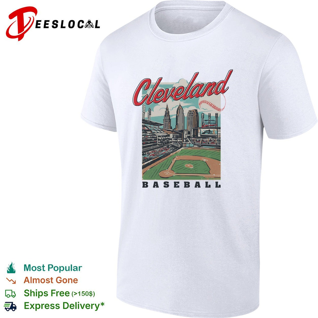 Cleveland baseball stadium skyline retro travel poster art shirt
