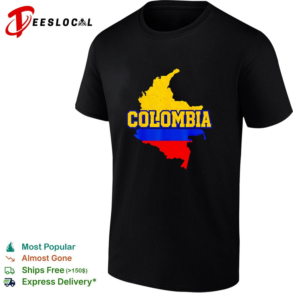 Colombia map flag bold distressed text fan art shirt