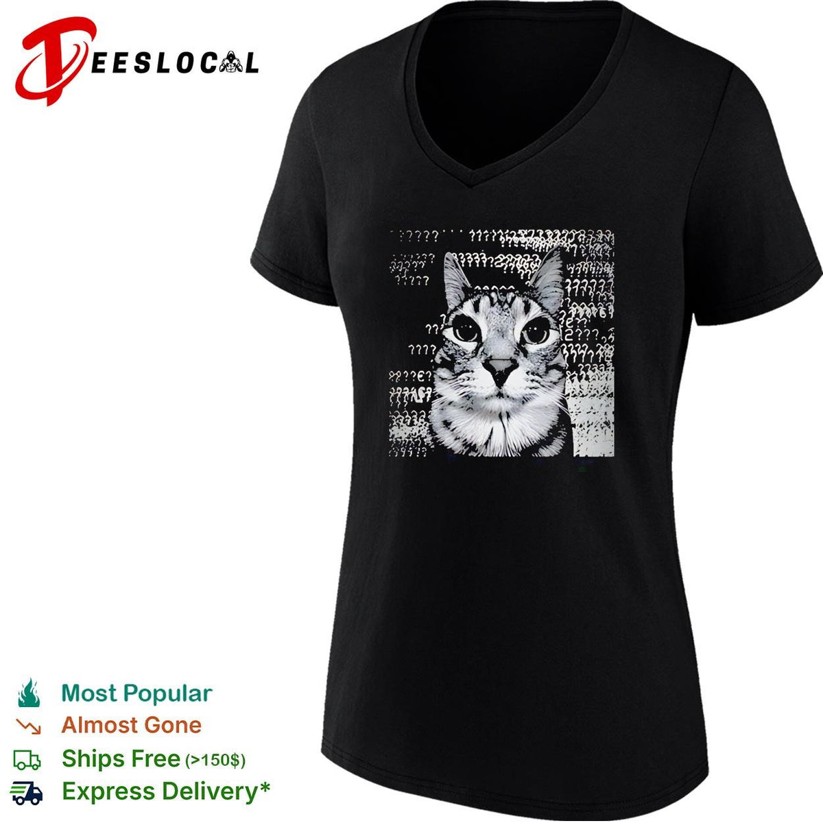 Confused tabby cat surrounded by question marks meme shirt