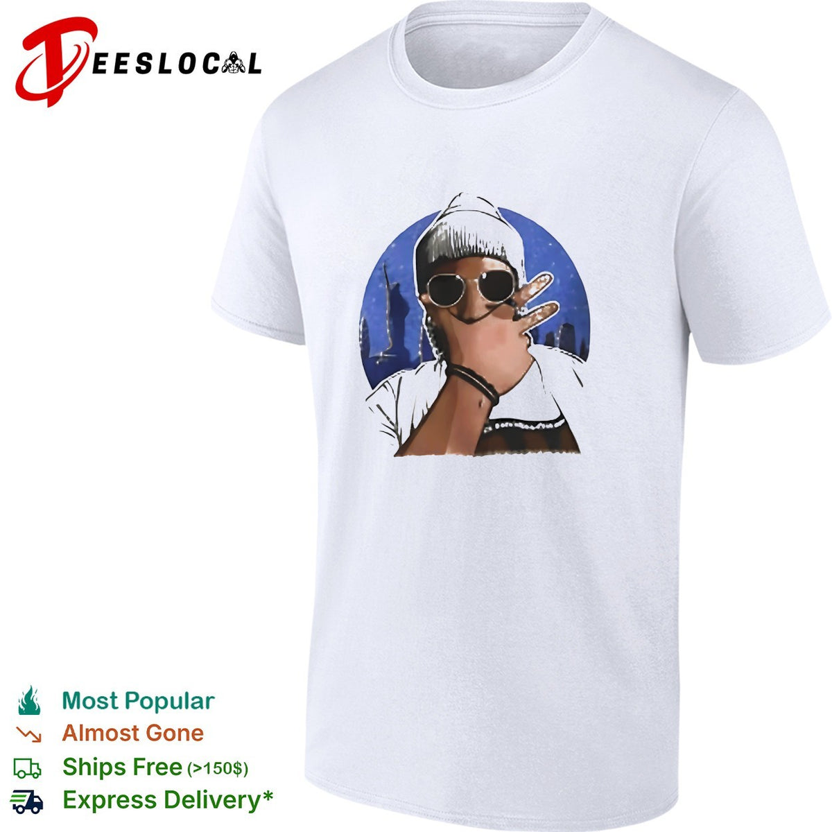 Cool hip-hop figure sunglasses beanie NYC city skyline circle illustration art shirt