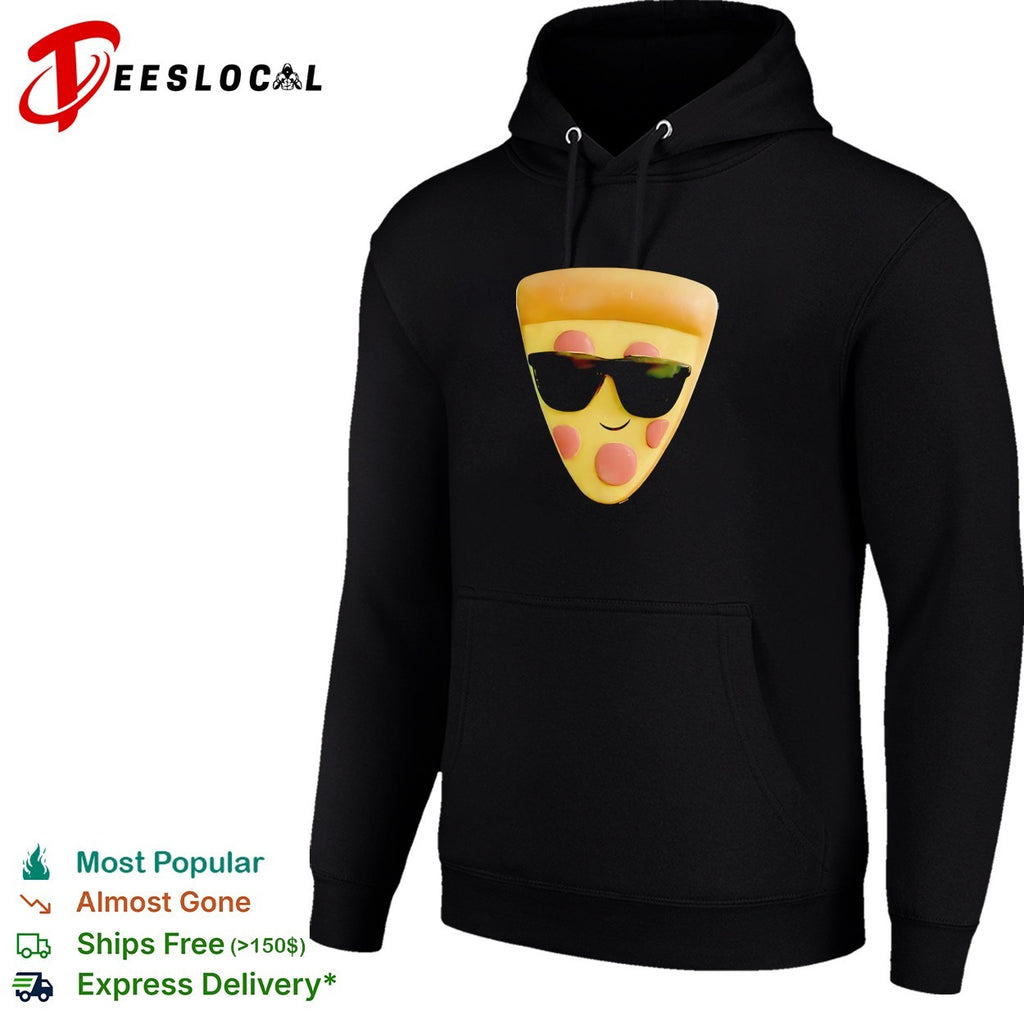 Cool kawaii pizza slice wearing sunglasses smiling cute food character shirt