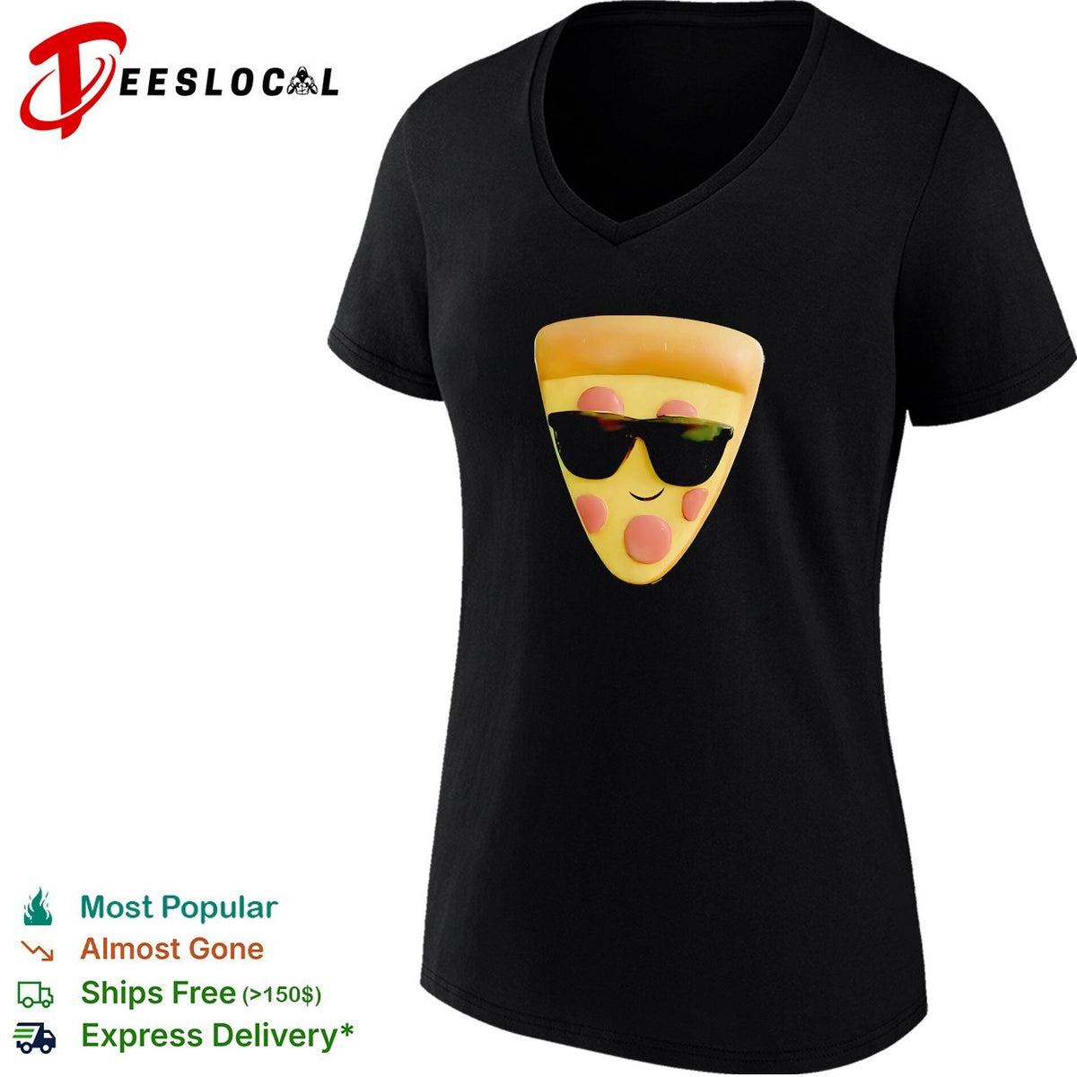 Cool kawaii pizza slice wearing sunglasses smiling cute food character shirt