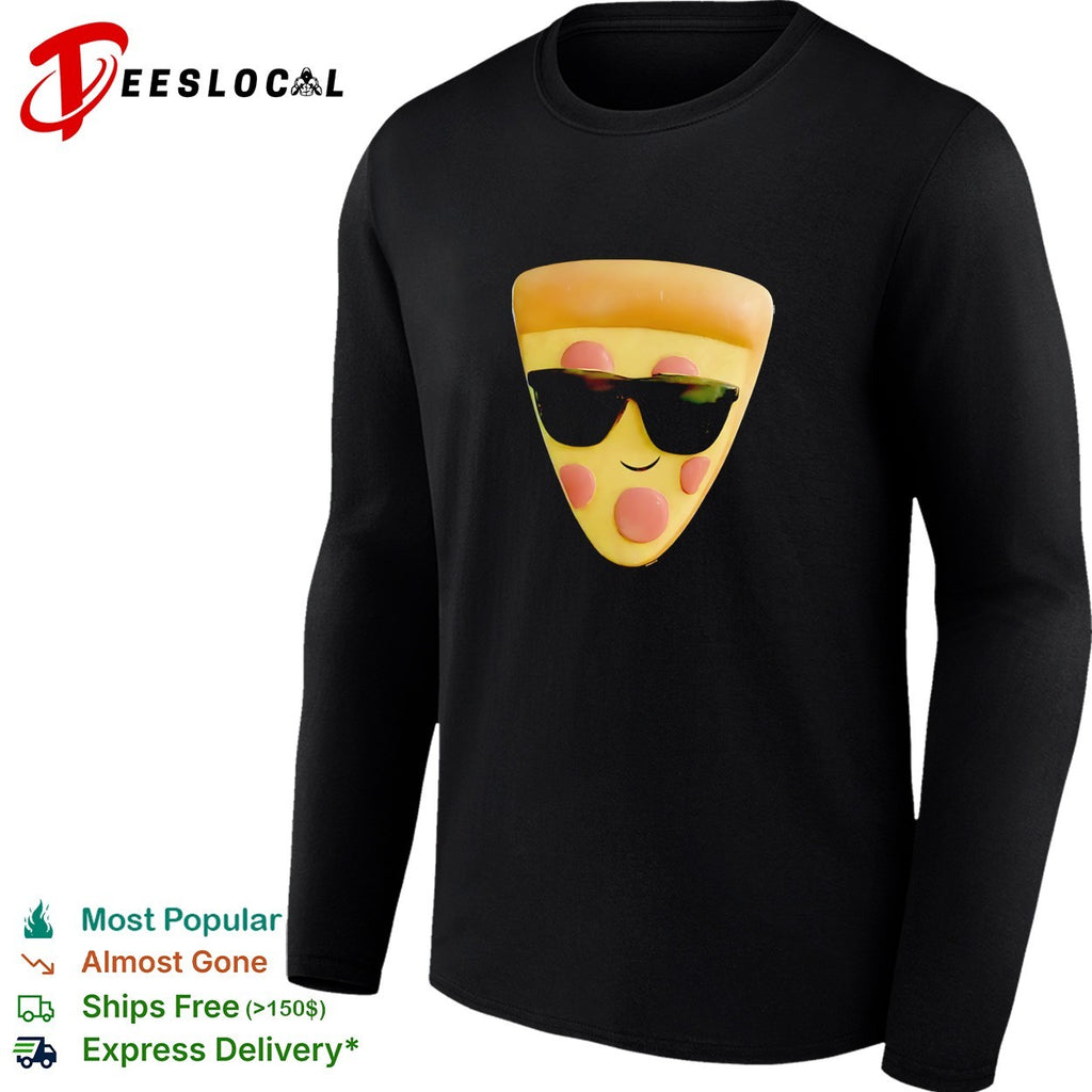 Cool kawaii pizza slice wearing sunglasses smiling cute food character shirt