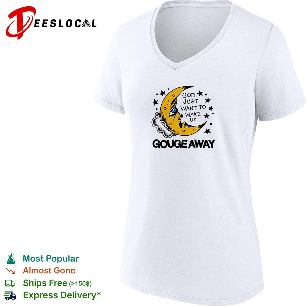 Crescent moon face God I just want to wake up stars quote white shirt