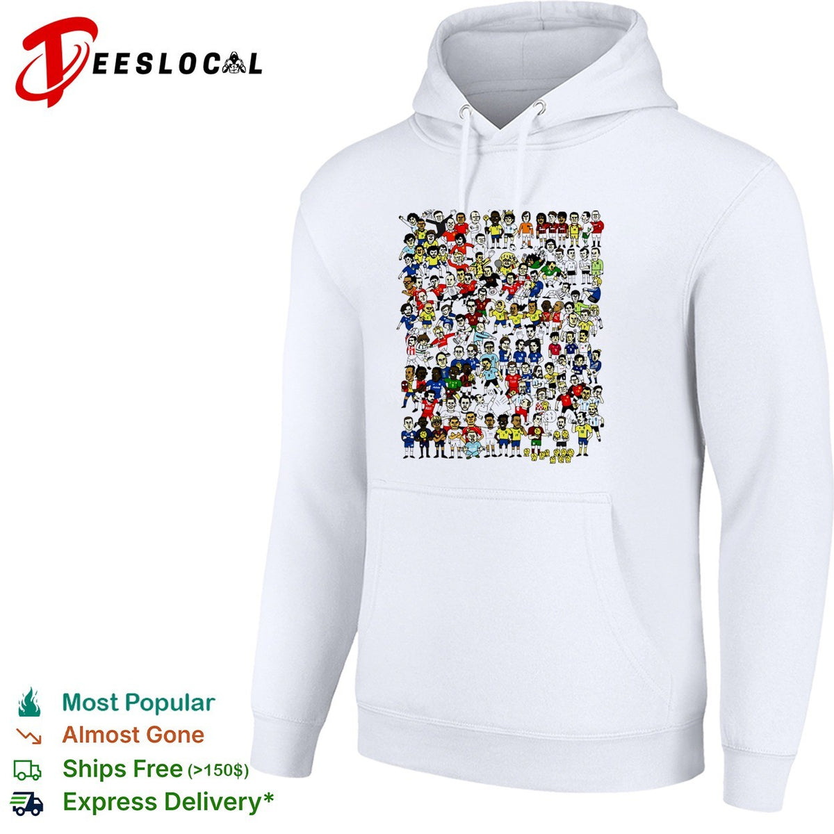 Crowd of cartoon soccer player figures sticker style collage illustration shirt