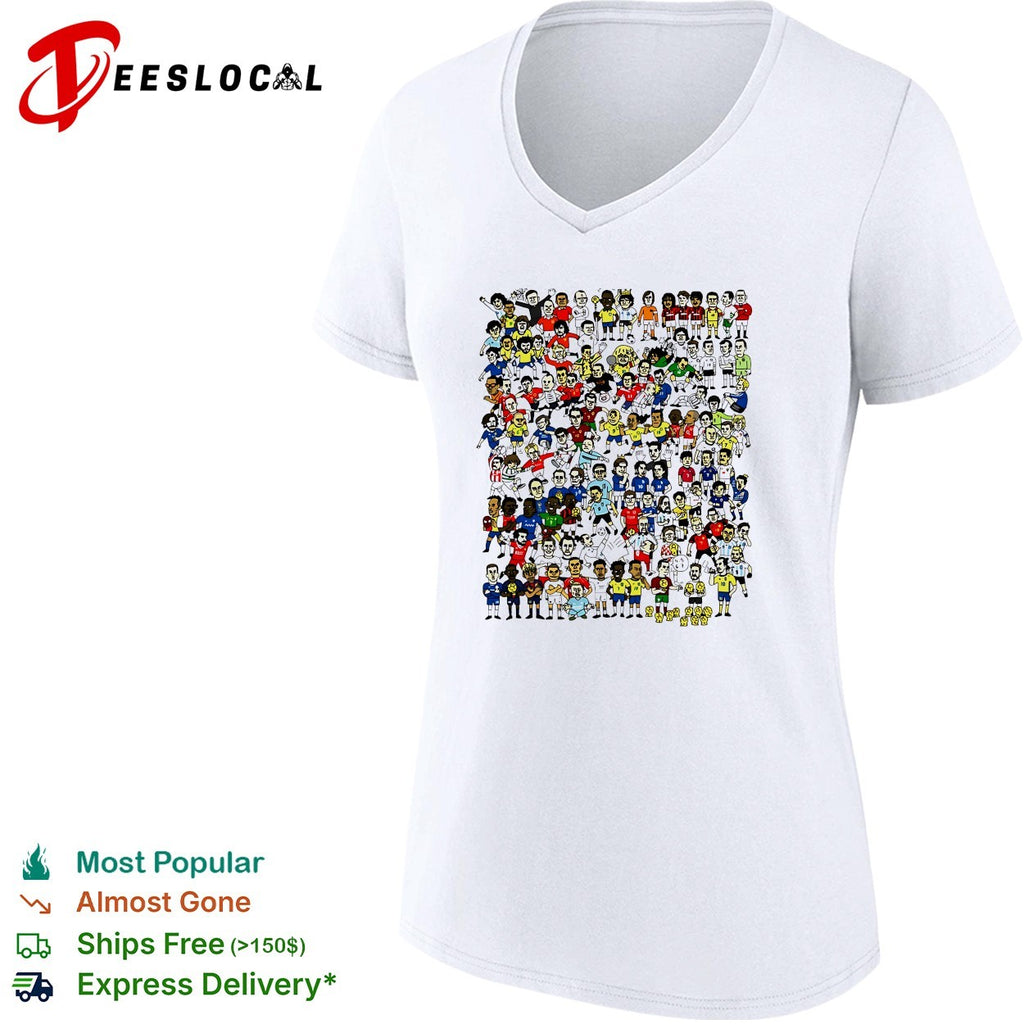 Crowd of cartoon soccer player figures sticker style collage illustration shirt