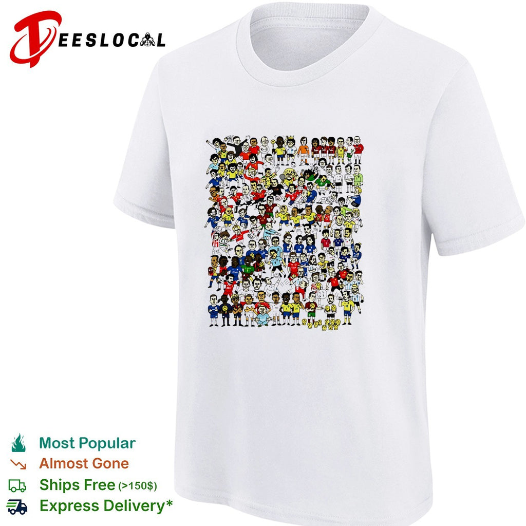 Crowd of cartoon soccer player figures sticker style collage illustration shirt