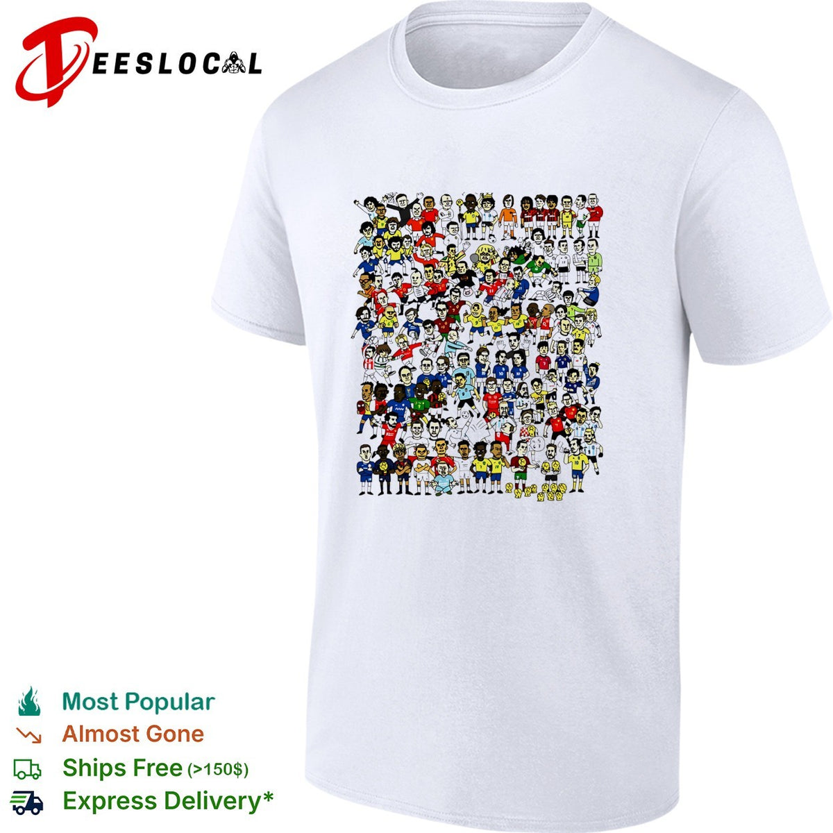 Crowd of cartoon soccer player figures sticker style collage illustration shirt