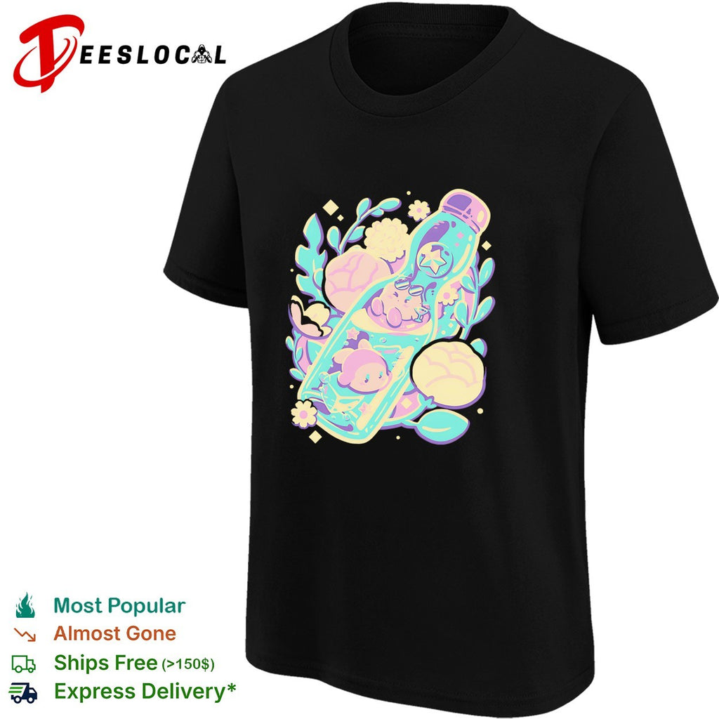Cute animals sleeping in bottle floral kawaii pastel art shirt