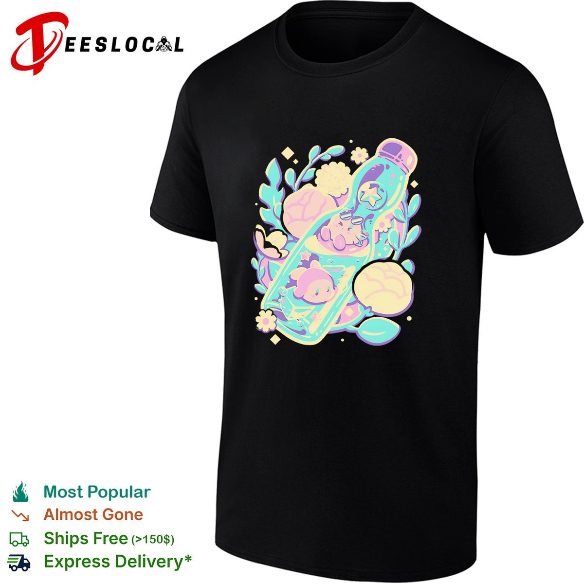 Cute animals sleeping in bottle floral kawaii pastel art shirt