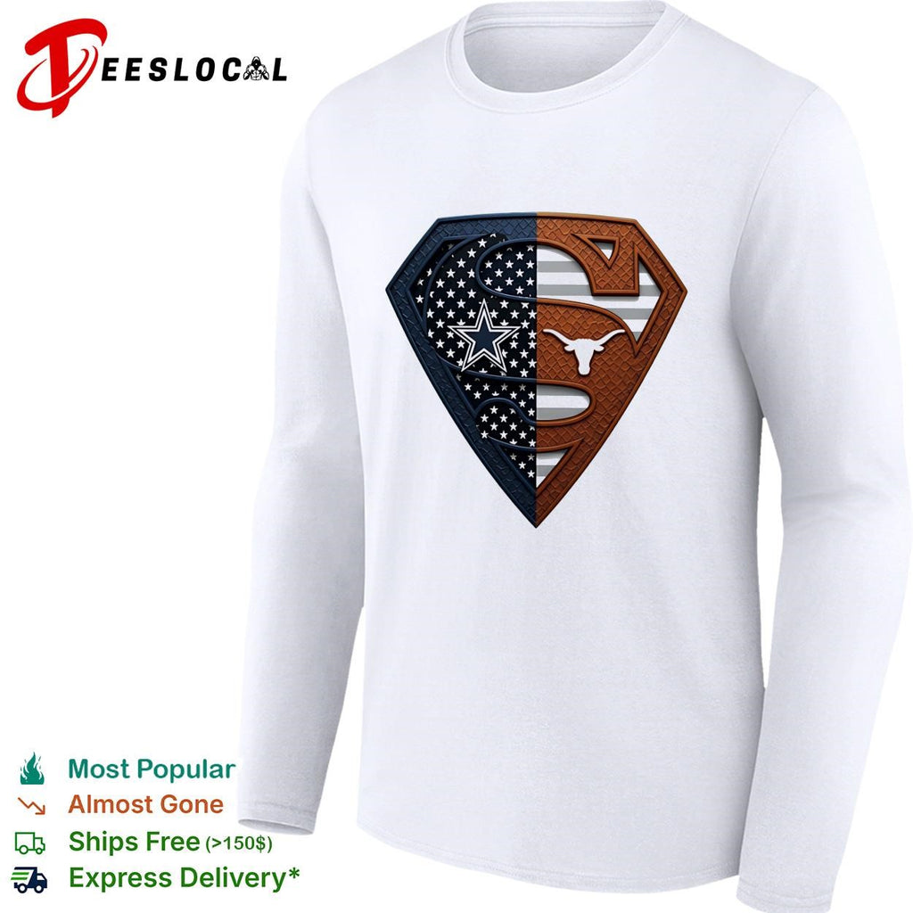 Dallas Cowboys Texas Longhorns Superman shield split dual fan logo shirt