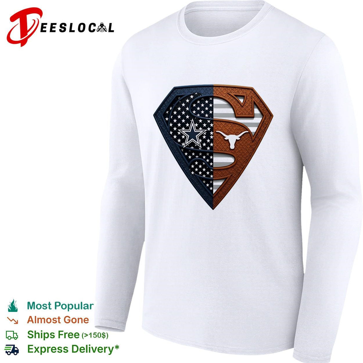 Dallas Cowboys Texas Longhorns Superman shield split dual fan logo shirt