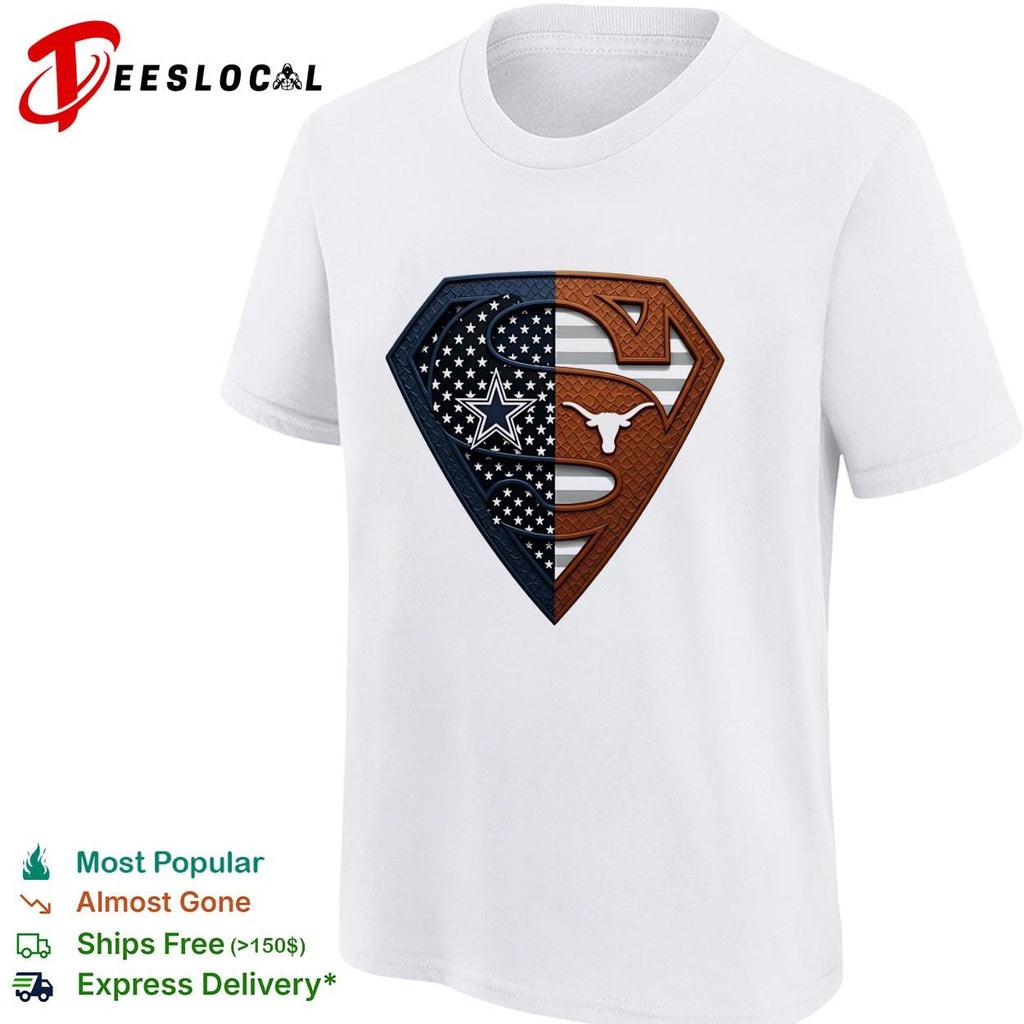 Dallas Cowboys Texas Longhorns Superman shield split dual fan logo shirt