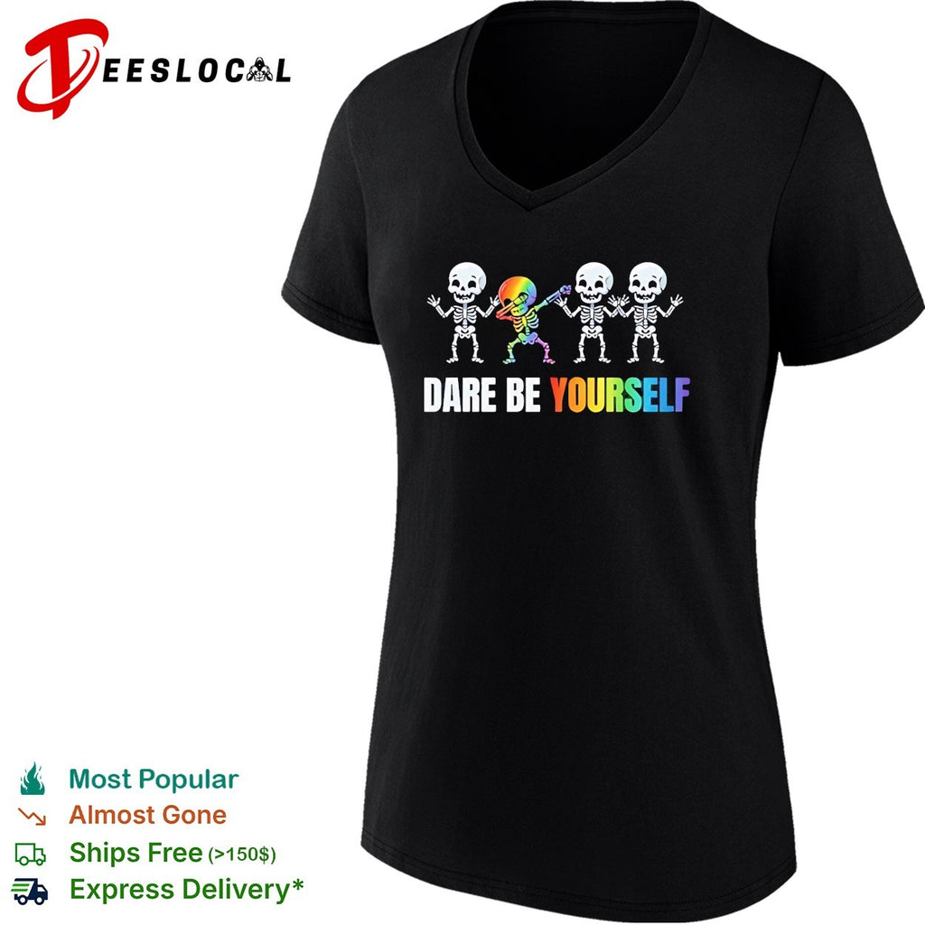 Dare be yourself rainbow skeleton dabbing design for pride celebration shirt