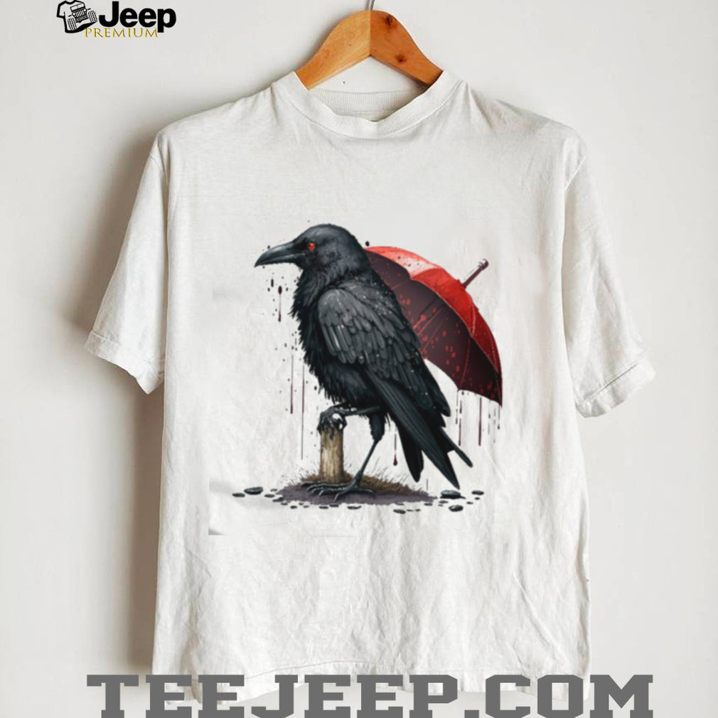 Dark Crow with Red Umbrella Gothic Ink Art T Shirt