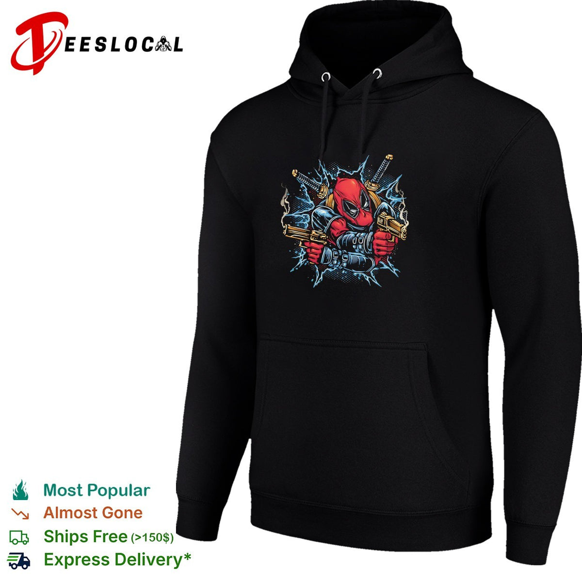 Deadpool dual pistols katanas lightning action burst comic art shirt