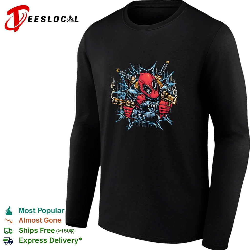 Deadpool dual pistols katanas lightning action burst comic art shirt