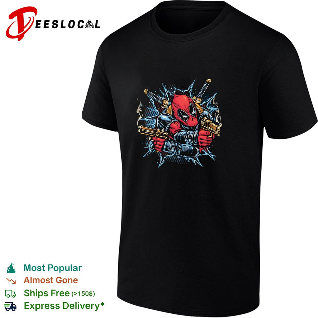 Deadpool dual pistols katanas lightning action burst comic art shirt