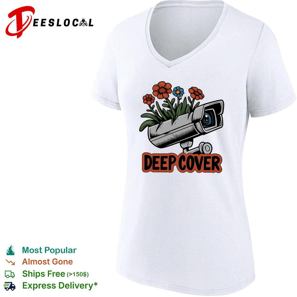 Deep cover security camera wrapped in orange and blue flowers funny graphic shirt