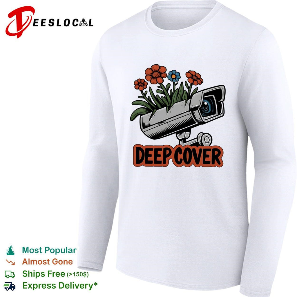 Deep cover security camera wrapped in orange and blue flowers funny graphic shirt
