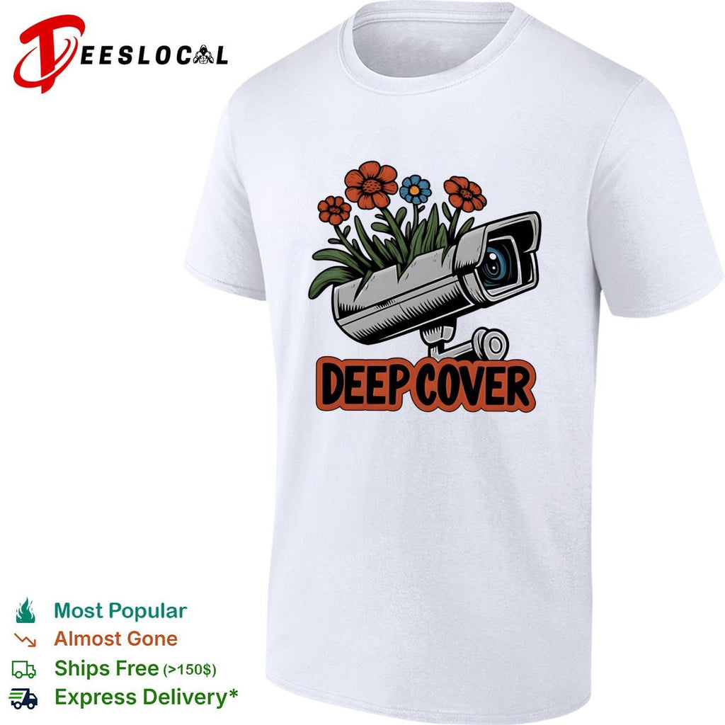 Deep cover security camera wrapped in orange and blue flowers funny graphic shirt