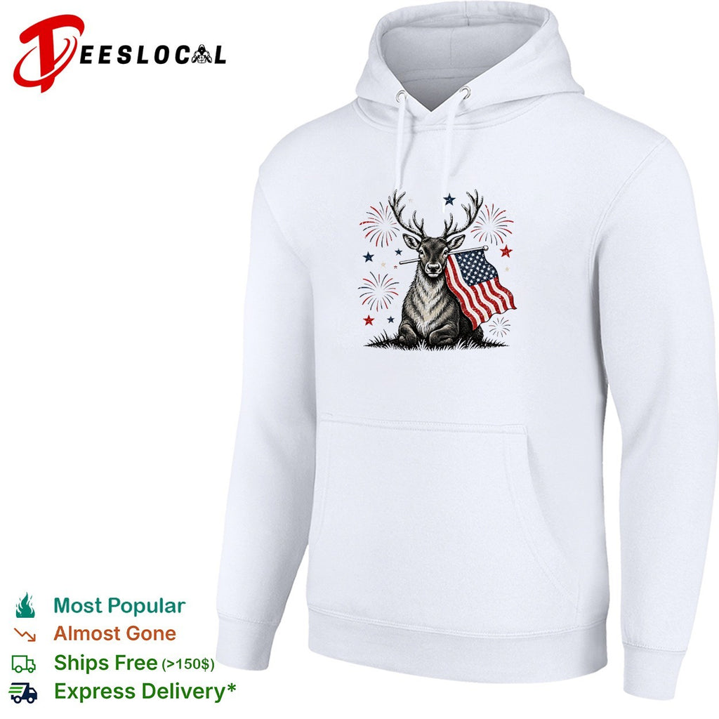 Deer holding USA flag fireworks 4th of July patriotic shirt