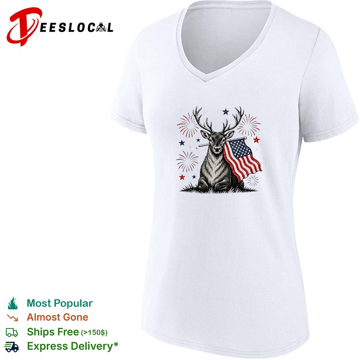 Deer holding USA flag fireworks 4th of July patriotic shirt