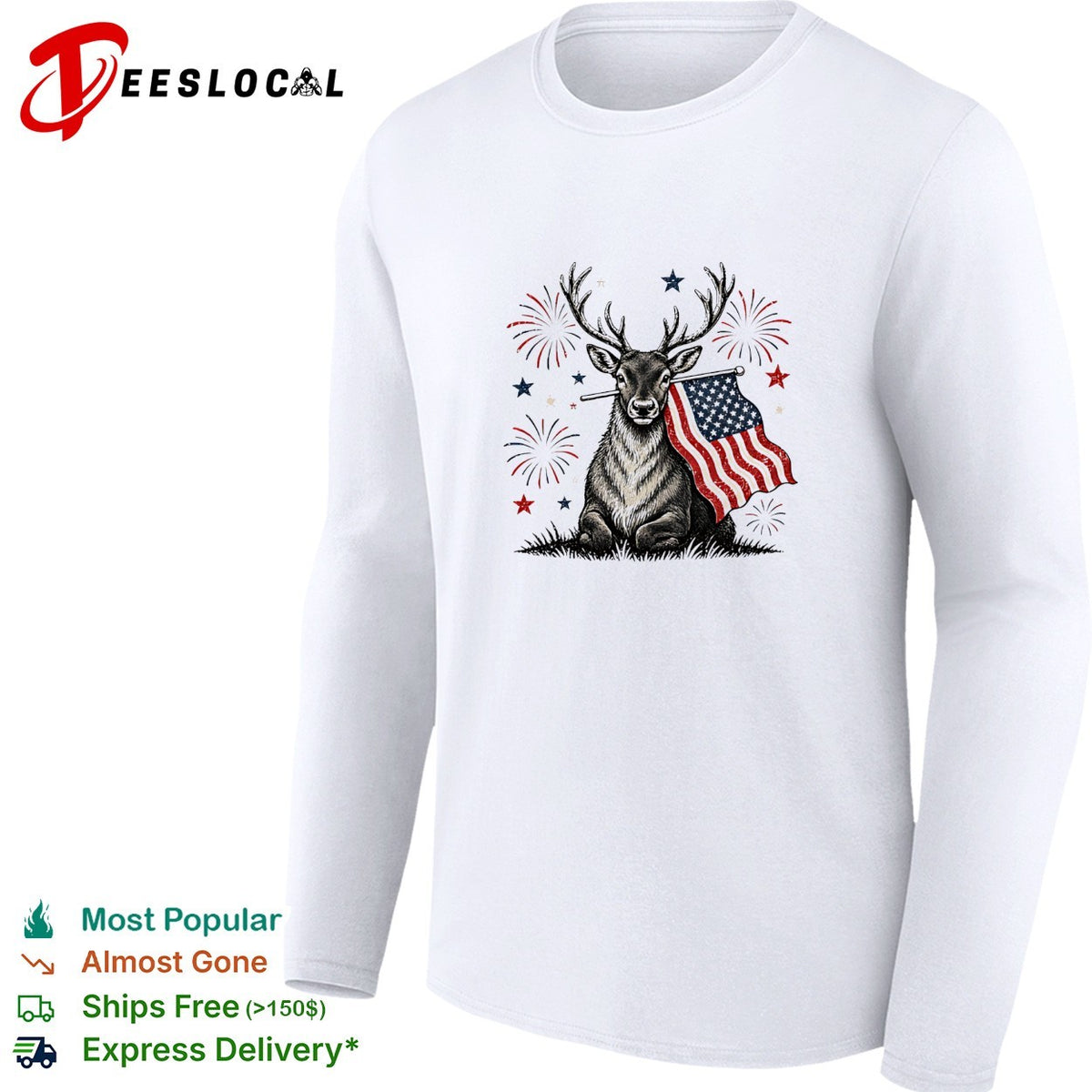 Deer holding USA flag fireworks 4th of July patriotic shirt