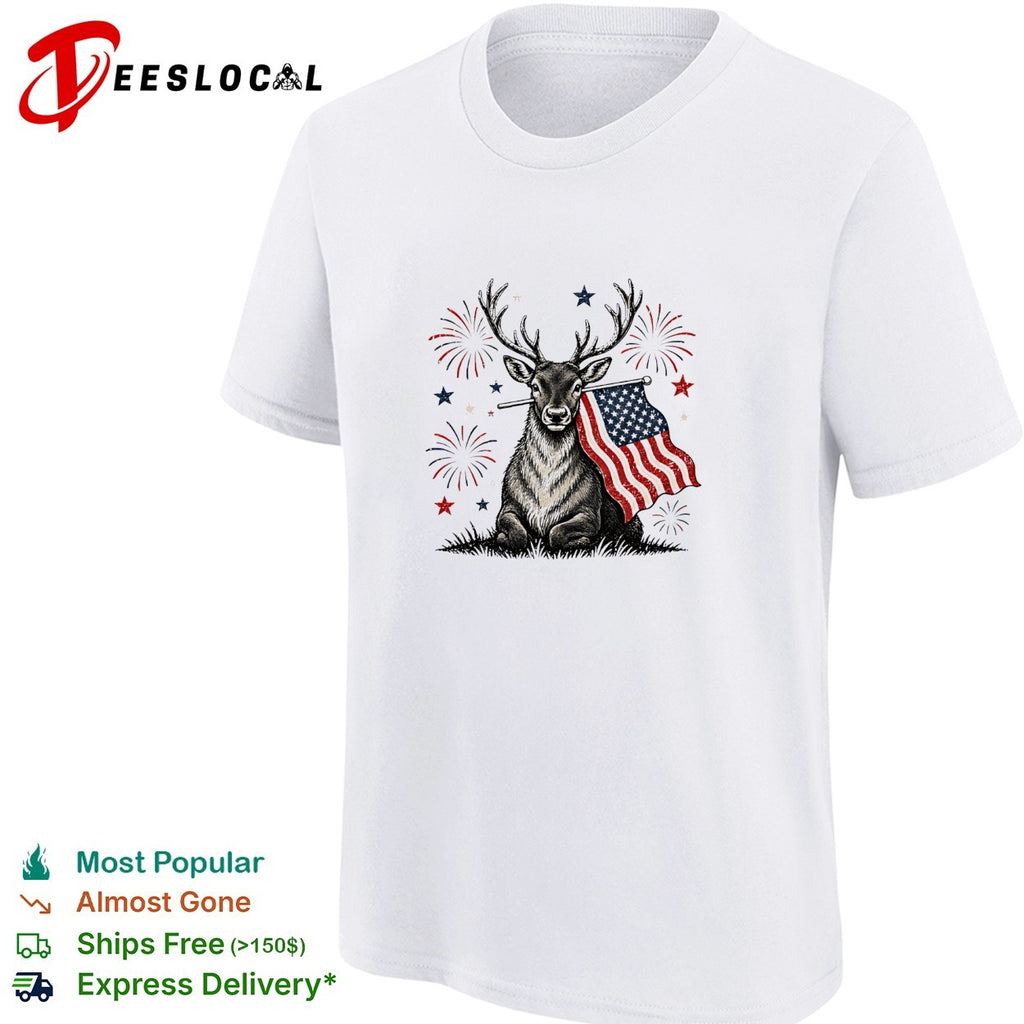 Deer holding USA flag fireworks 4th of July patriotic shirt