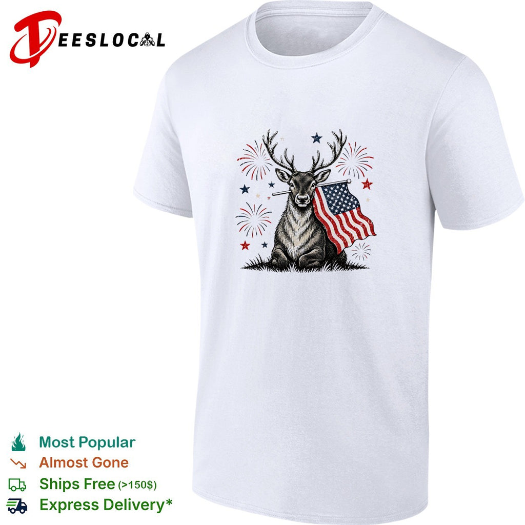 Deer holding USA flag fireworks 4th of July patriotic shirt