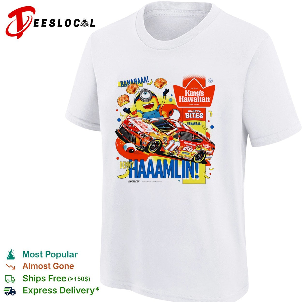 Denny Hamlin Joe Gibbs Racing NASCAR Minions King’s Hawaiian Bananaaa Shake’em Bites shirt