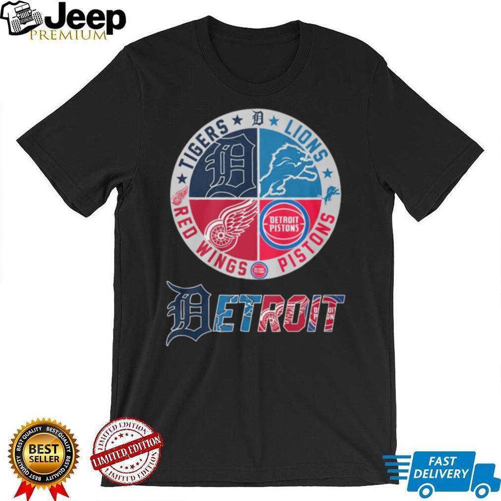 Detroit 4 Way Sports Crest T Shirt Tigers, Lions, Red Wings, Pistons Logo