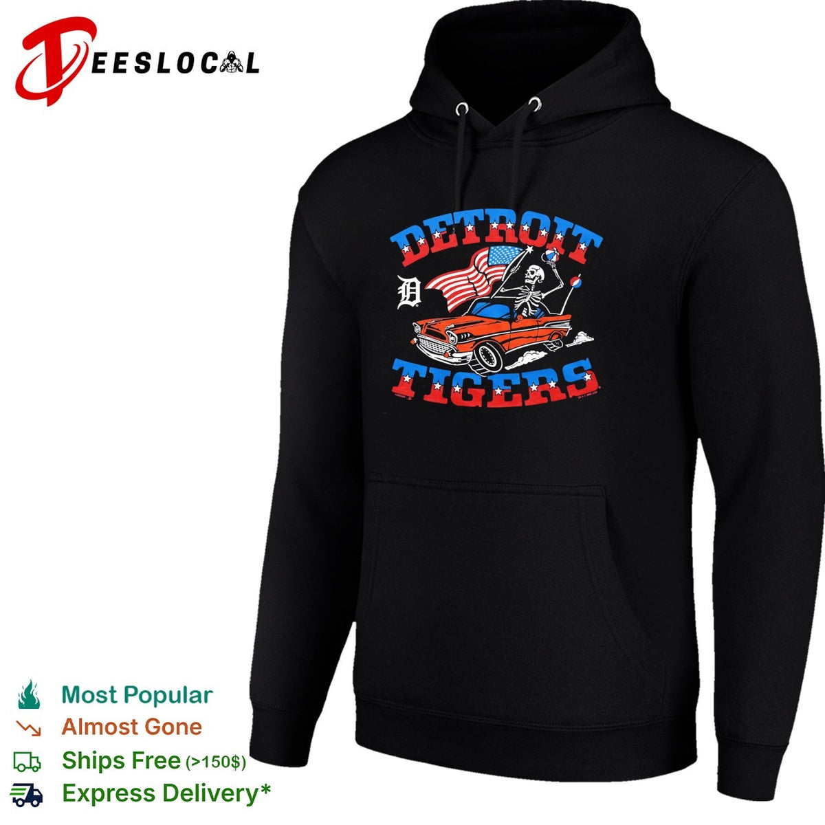 Detroit Tigers x Grateful Dead skeleton car flag MLB graphic shirt