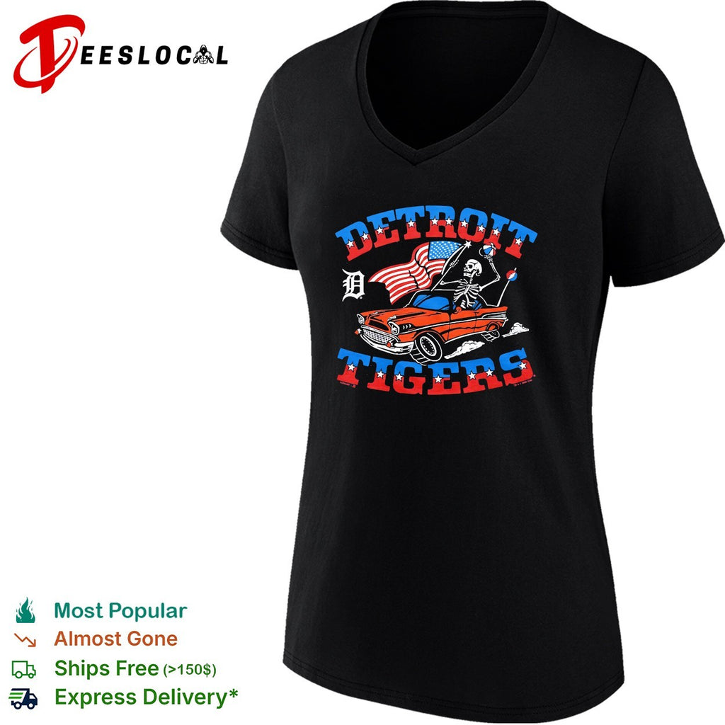 Detroit Tigers x Grateful Dead skeleton car flag MLB graphic shirt