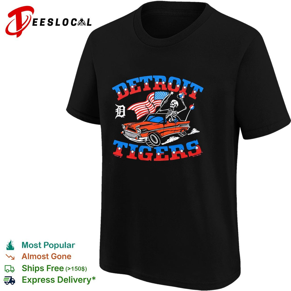 Detroit Tigers x Grateful Dead skeleton car flag MLB graphic shirt