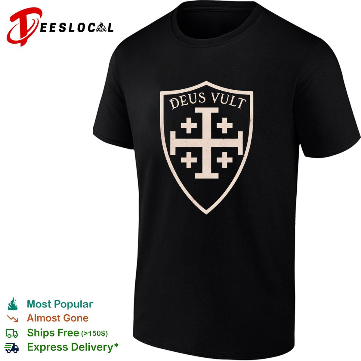 Deus Vult Jerusalem Cross Shield Medieval Crusader Symbol Knights Templar shirt