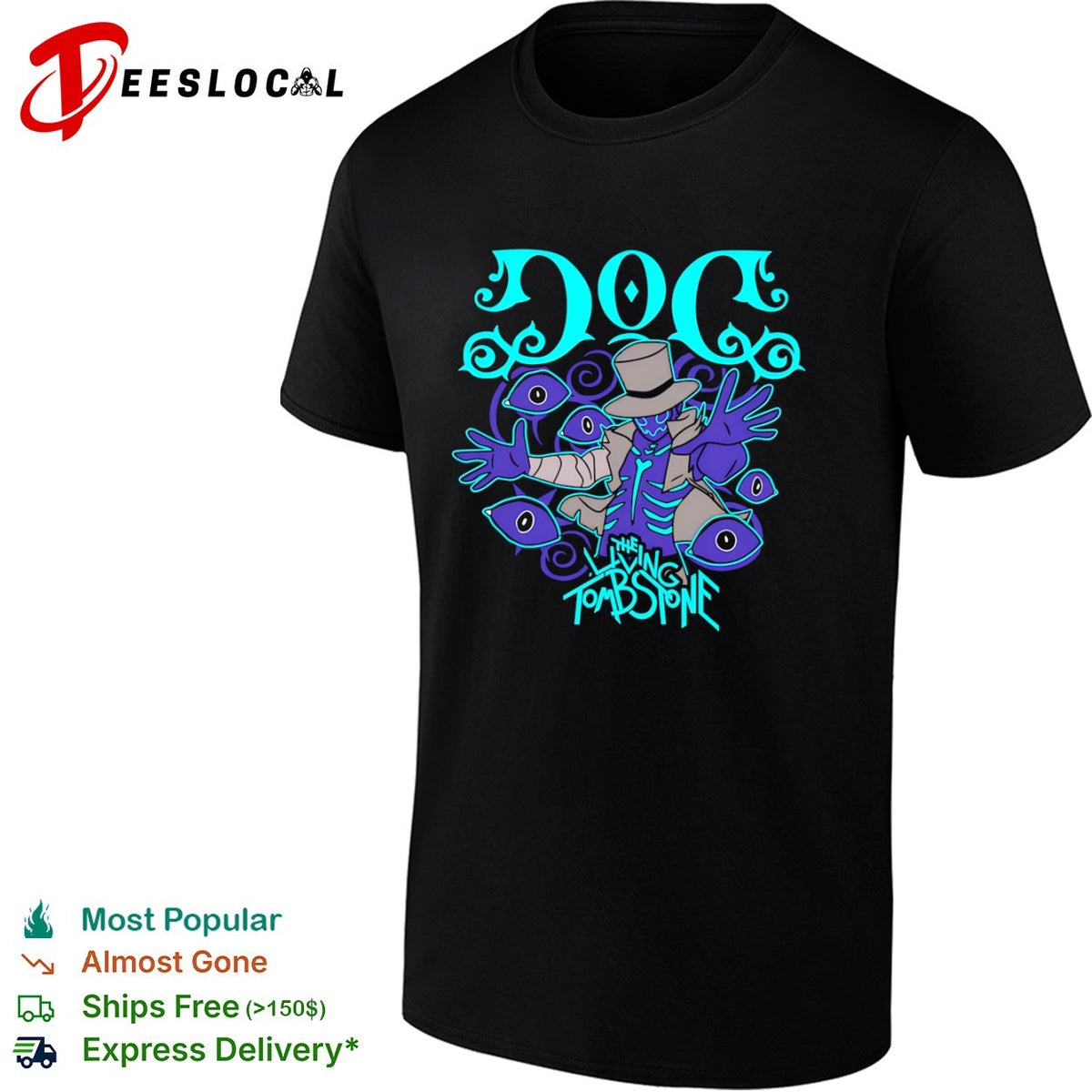 Doc The Living Tombstone skeleton hat eyes mystical occult symbol shirt